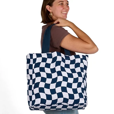 Navy Wavy Checkered Print Canvas Tote Bag