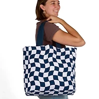 Navy Wavy Checkered Print Canvas Tote Bag