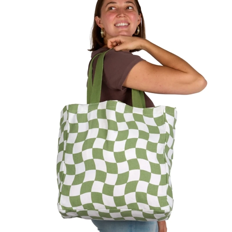 Green Wavy Checkered Print Canvas Tote Bag