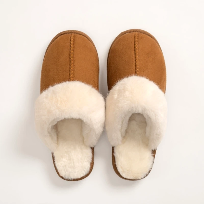 Camel Suede Faux Fur Slippers
