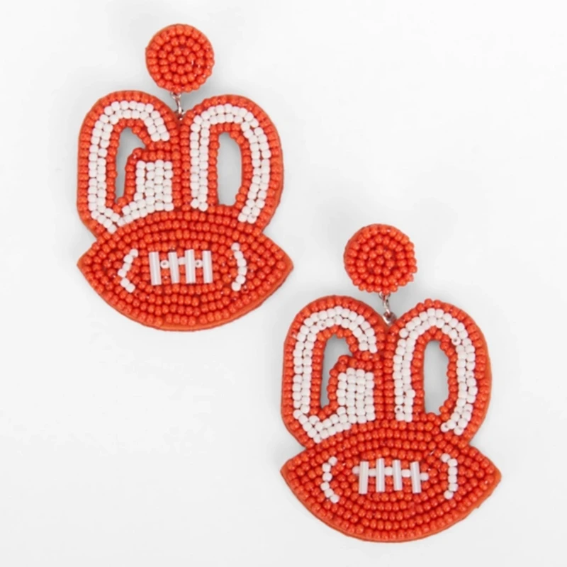 Burnt Orange Beaded Football Earrings