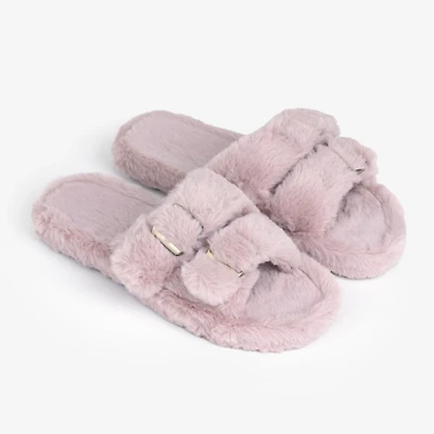 Large Mauve Buckle Fur Slide Slippers