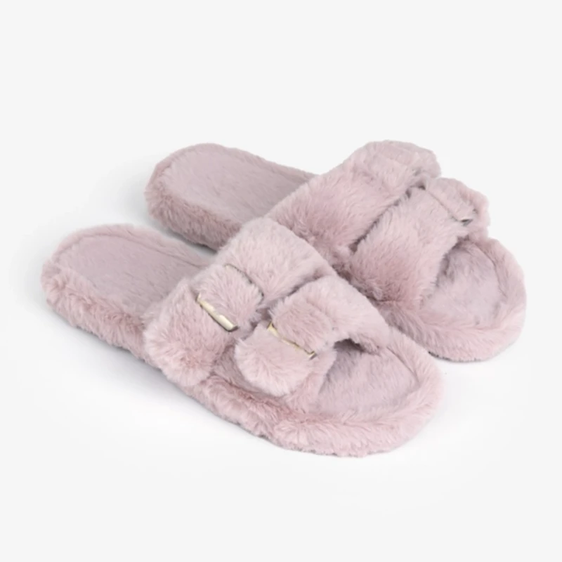 Medium Mauve Buckle Fur Slide Slippers