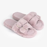 Mauve Buckle Fur Slide Slippers