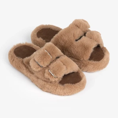 Tan Buckle Fur Slide Slippers