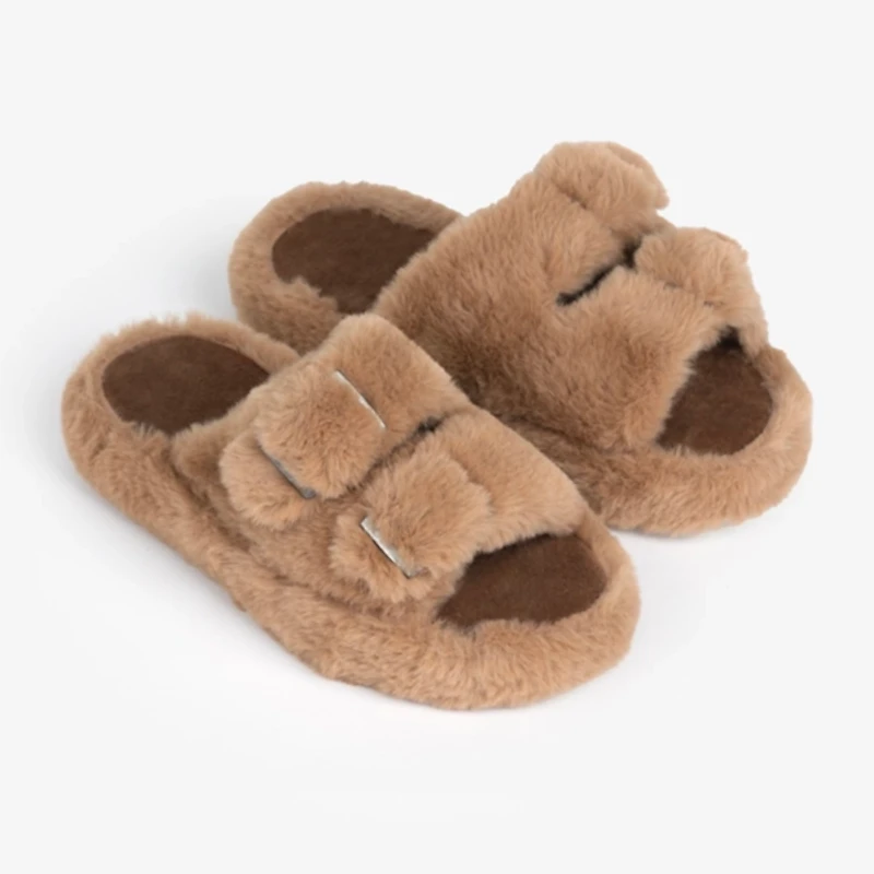 Small Tan Buckle Fur Slide Slippers