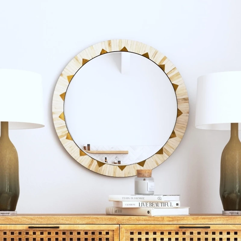 Round Ivory and Gold Geometric Wall Mirror