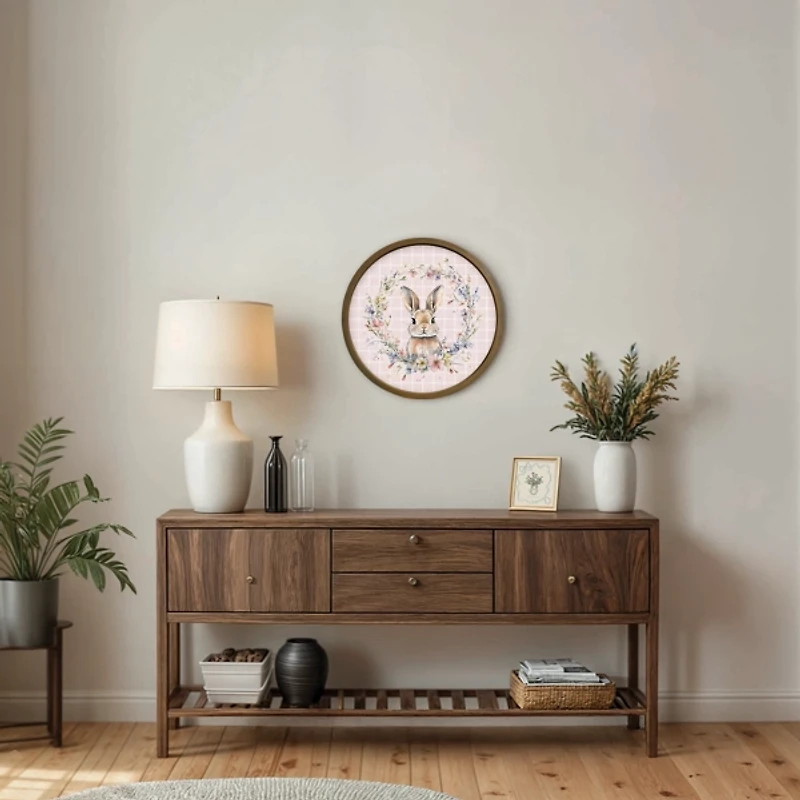 Pink Check Floral Bunny Framed Art Print