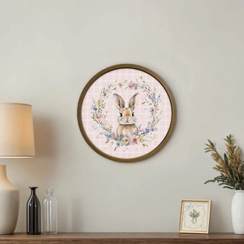 Pink Check Floral Bunny Framed Art Print