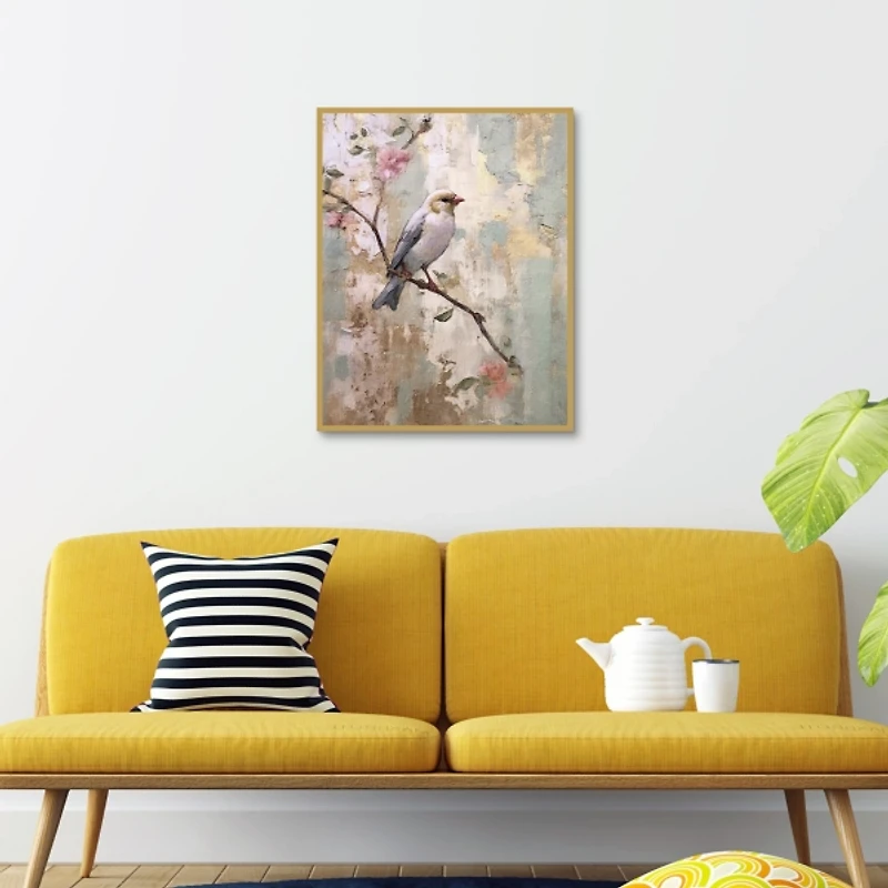 Bird on Blossom Branch Framed Canvas Art Print