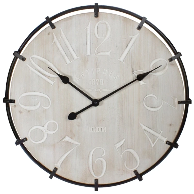 Round Whitewashed Rustic Wood Wall Clock