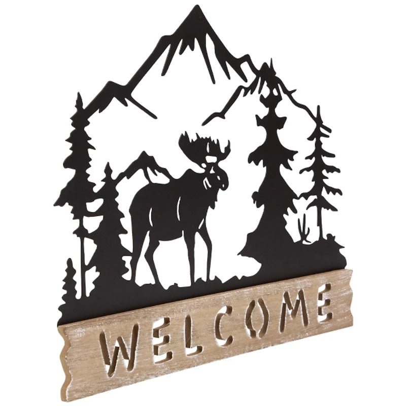 Welcome Moose Wood and Metal Wall Plaque