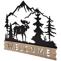 Welcome Moose Wood and Metal Wall Plaque