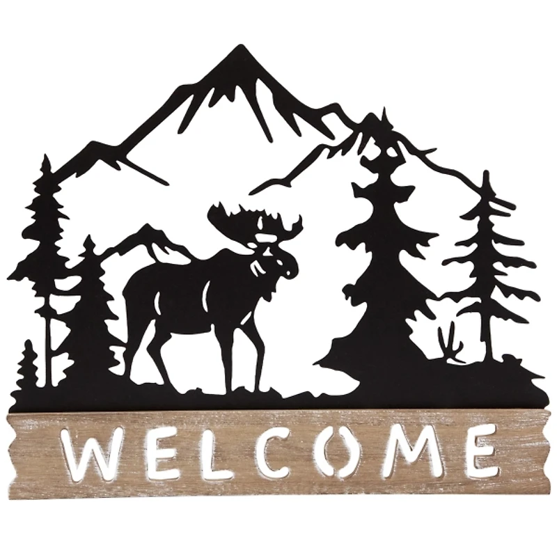 Welcome Moose Wood and Metal Wall Plaque