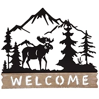 Welcome Moose Wood and Metal Wall Plaque