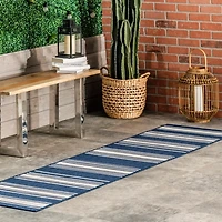 Navy Romy Striped Indoor/Outdoor Runner, 2x8