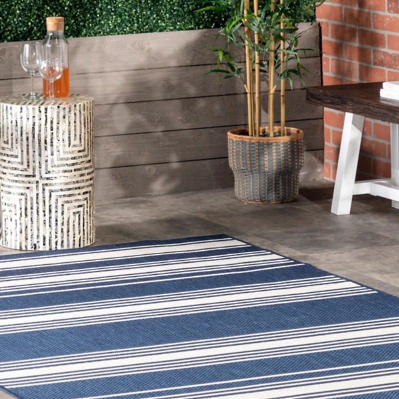 Navy Romy Striped Indoor/Outdoor Runner, 2x8