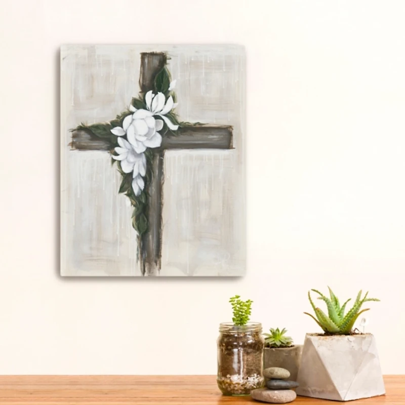 Magnolia Flowered Cross Canvas Art Print