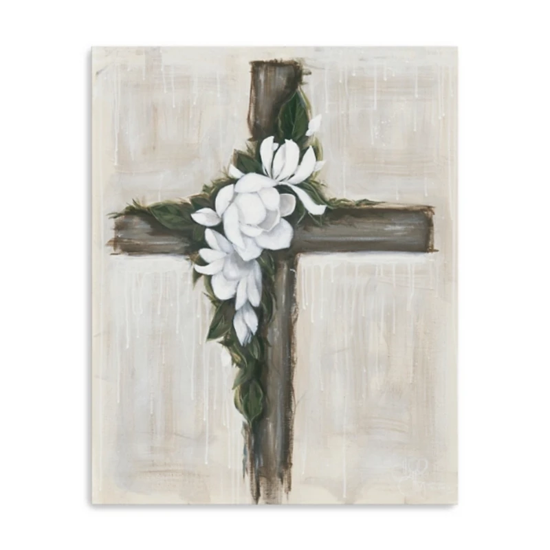 Magnolia Flowered Cross Canvas Art Print