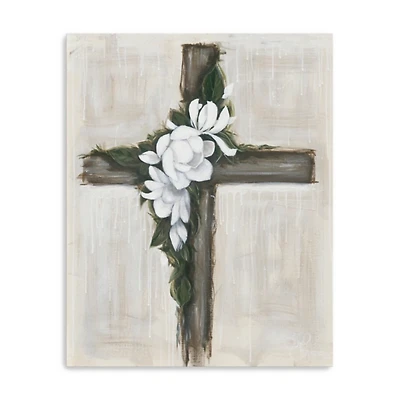 Magnolia Flowered Cross Canvas Art Print
