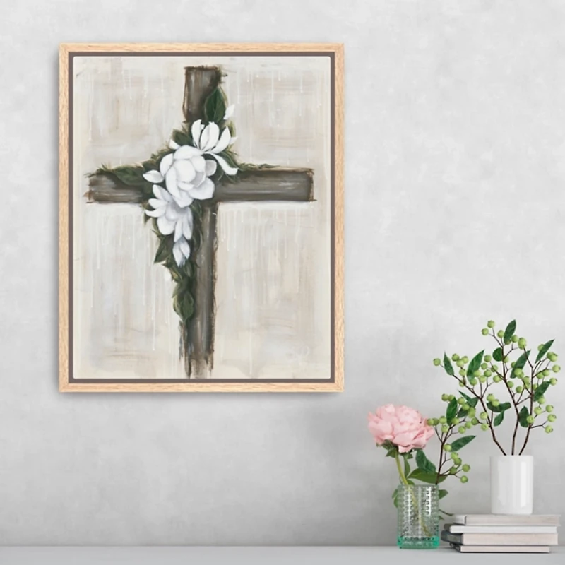 Magnolia Flowered Cross Framed Canvas Art Print