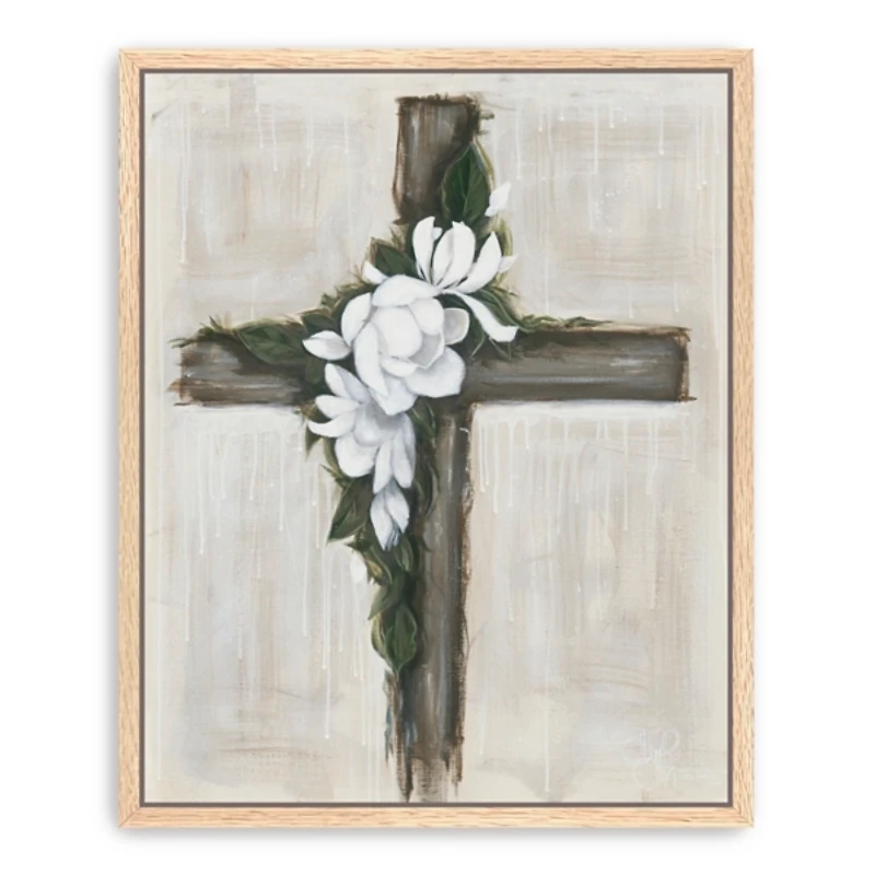 Magnolia Flowered Cross Framed Canvas Art Print