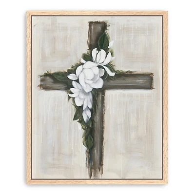 Magnolia Flowered Cross Framed Canvas Art Print