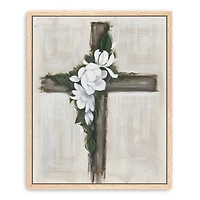 Magnolia Flowered Cross Framed Canvas Art Print