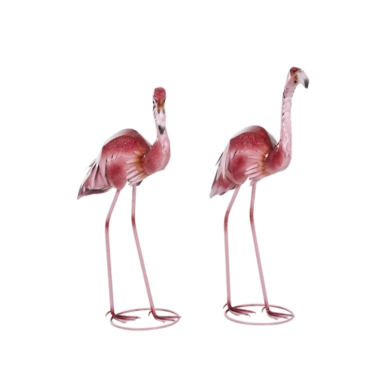 Shiny Pink Iron Flamingo Statues, Set of 2