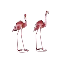 Shiny Pink Iron Flamingo Statues, Set of 2