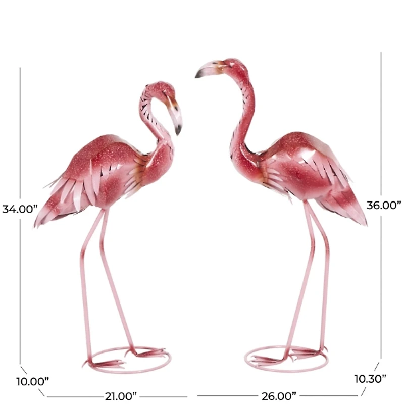 Shiny Pink Iron Flamingo Statues, Set of 2
