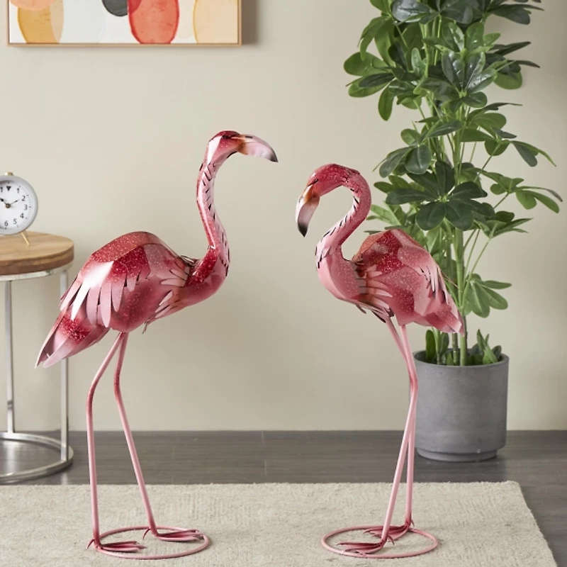 Shiny Pink Iron Flamingo Statues, Set of 2