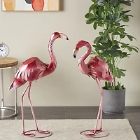 Shiny Pink Iron Flamingo Statues, Set of 2