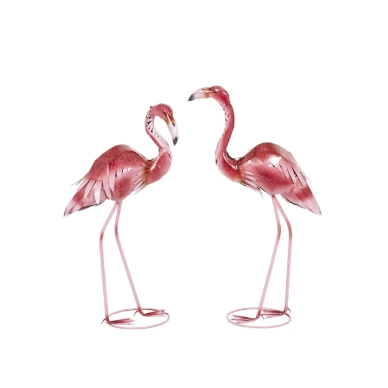 Shiny Pink Iron Flamingo Statues, Set of 2