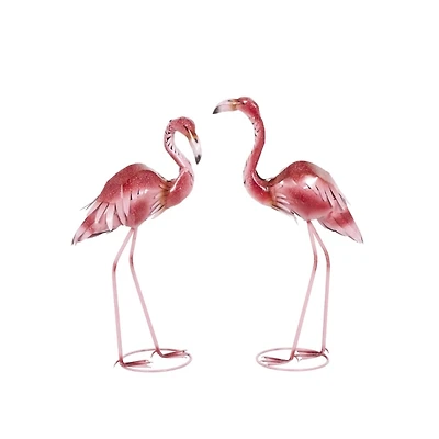 Shiny Pink Iron Flamingo Statues, Set of 2