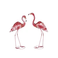 Shiny Pink Iron Flamingo Statues, Set of 2
