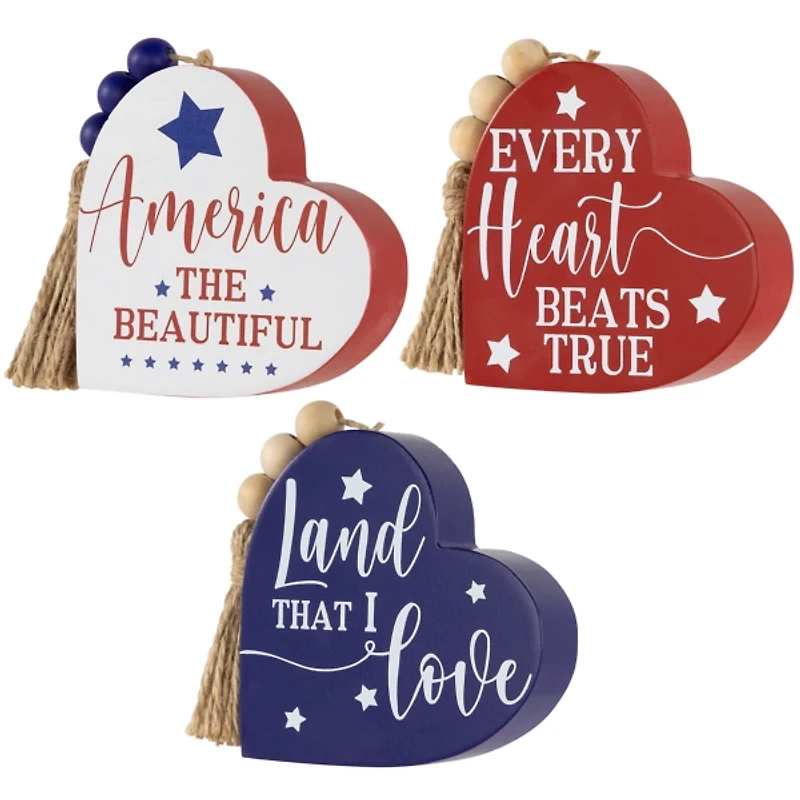 Patriotic Heart Wooden Signs, Set of 3