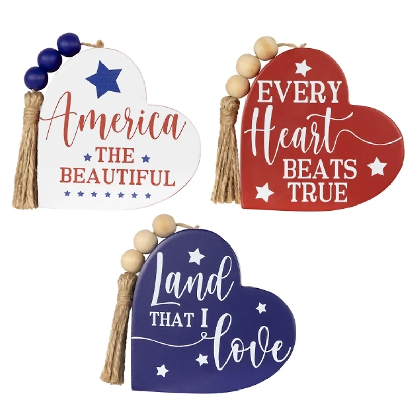 Patriotic Heart Wooden Signs, Set of 3