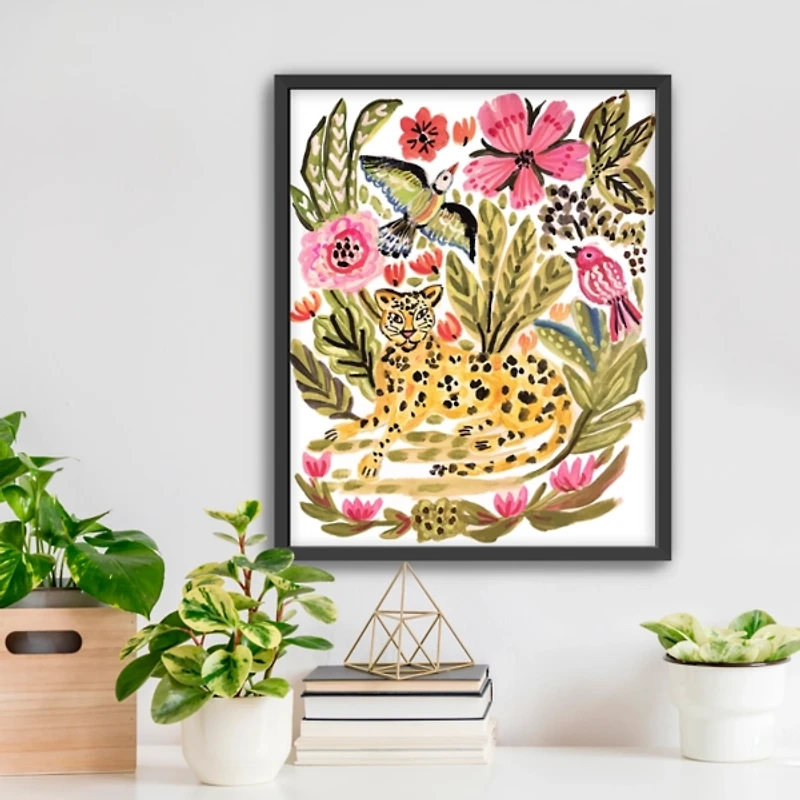 Jungle Cat and Two Birds Framed Art Print
