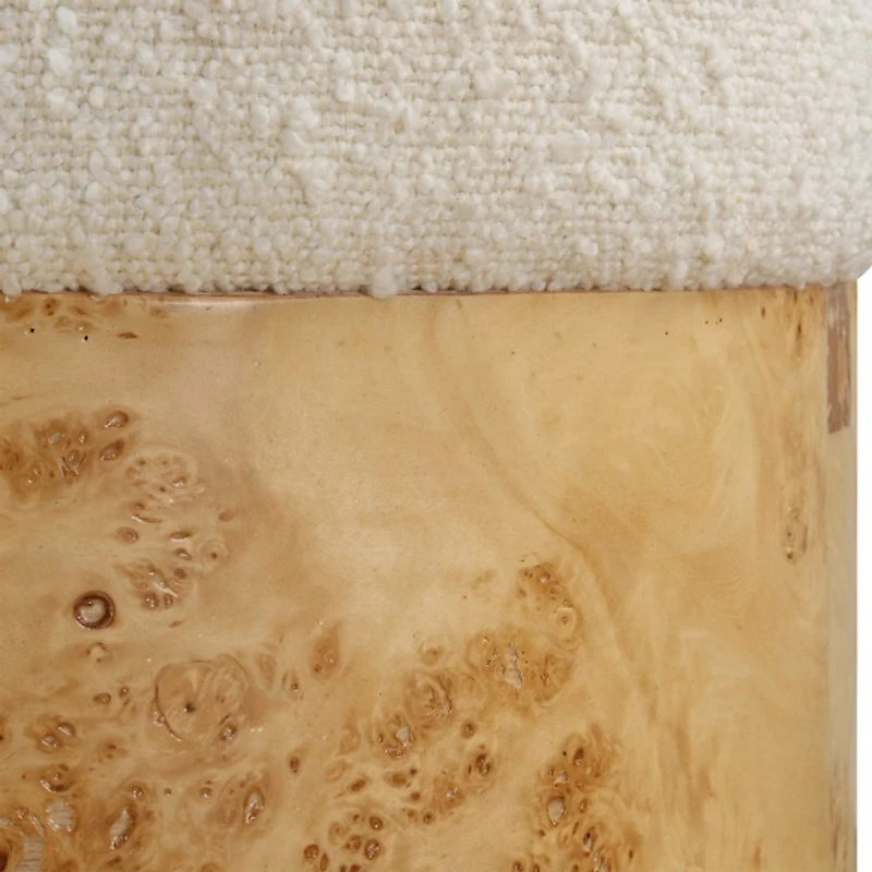 Ivory Boucle Upholstered Burlwood Ottoman