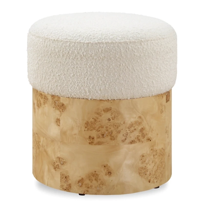 Ivory Boucle Upholstered Burlwood Ottoman