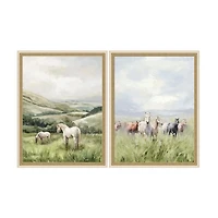 Horses in Pastures Framed Canvas Prints, Set of 2