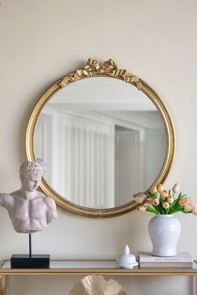 Gold Ribbon Bow Round Wall Mirror