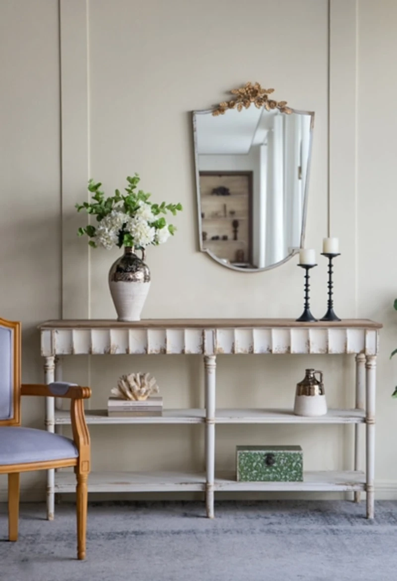 Distressed White Wood 3-Tier Console Table