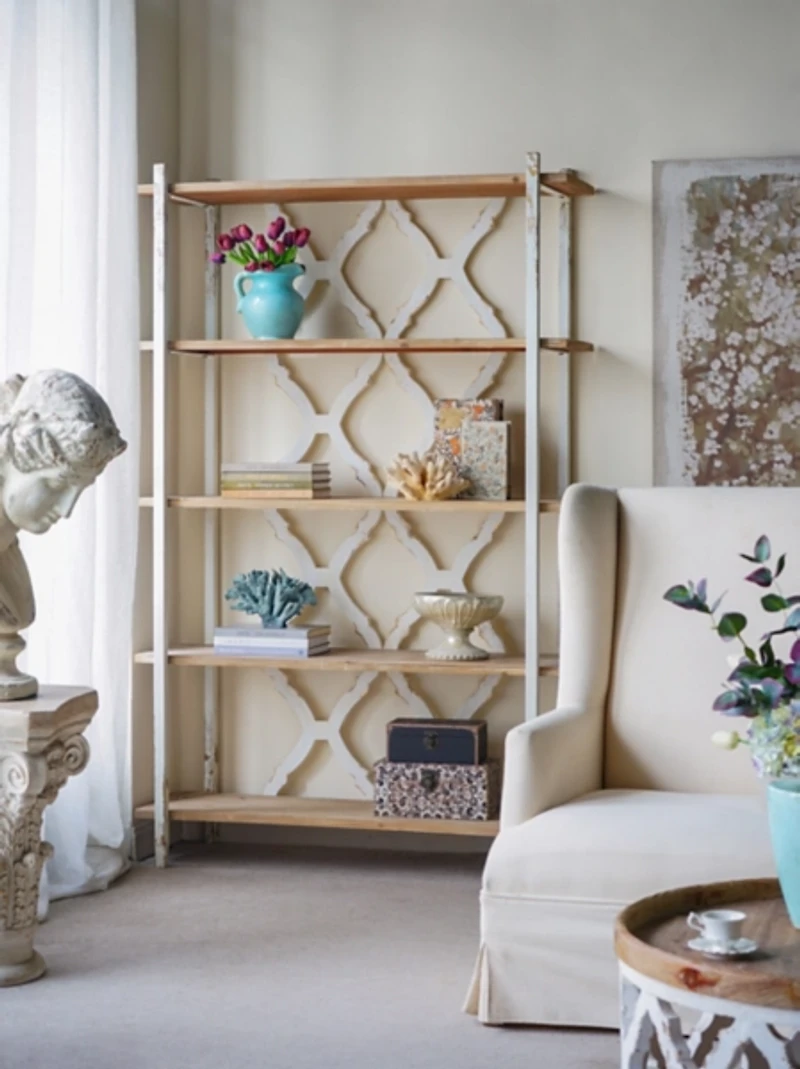 Natural Fir White Metal Frame 5-Tier Bookshelf