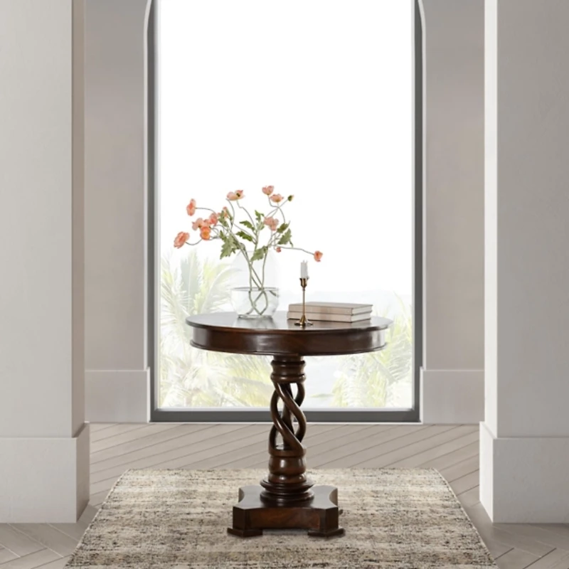 Brown Carved Pedestal Base Mango Wood Accent Table