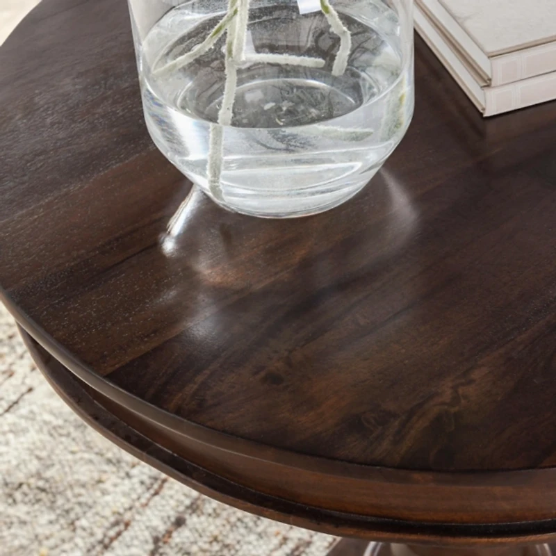 Brown Carved Pedestal Base Mango Wood Accent Table