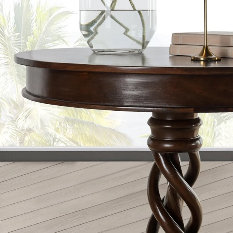 Brown Carved Pedestal Base Mango Wood Accent Table