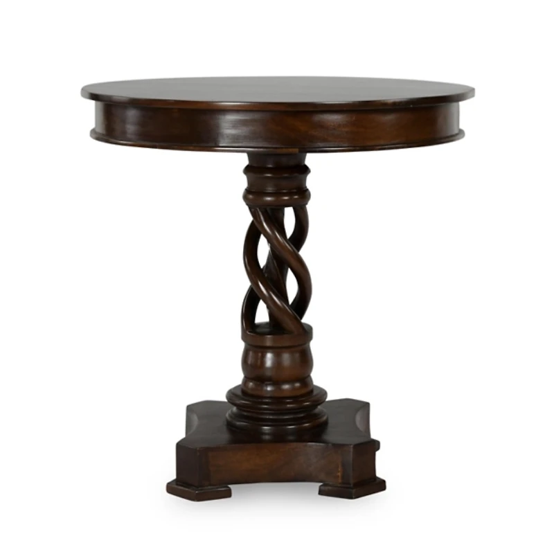 Brown Carved Pedestal Base Mango Wood Accent Table