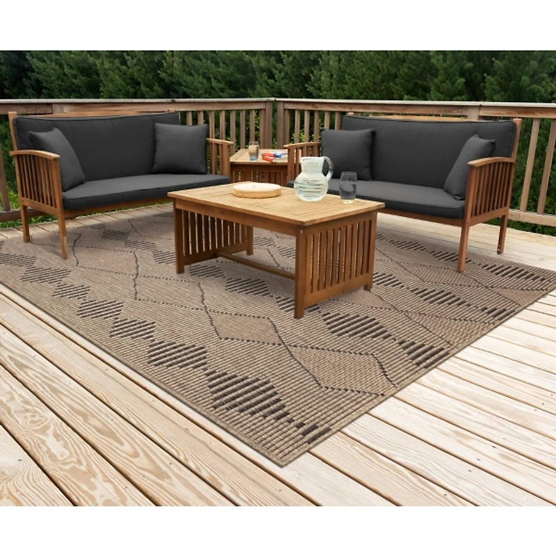 Taupe Wavy Lines & Diamonds Outdoor Rug, 7 ft.